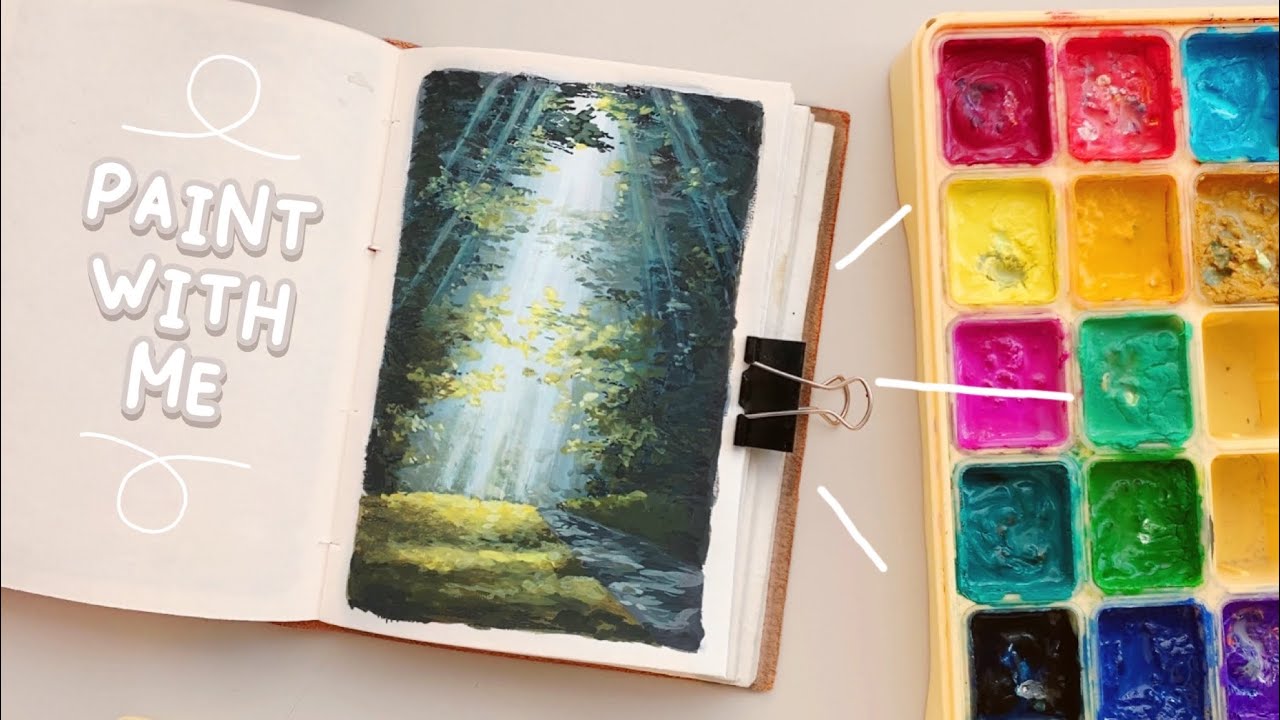 paint with me using gouache 🎨 light through the forest 🌳  + sketchbook flip through 📖