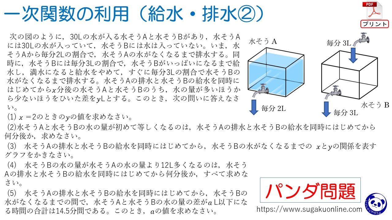 【中２数学093】１次関数の利用（給水・排水②）２つの水そうの水の差を考える問題　～２年生からできる受験・入試対策～