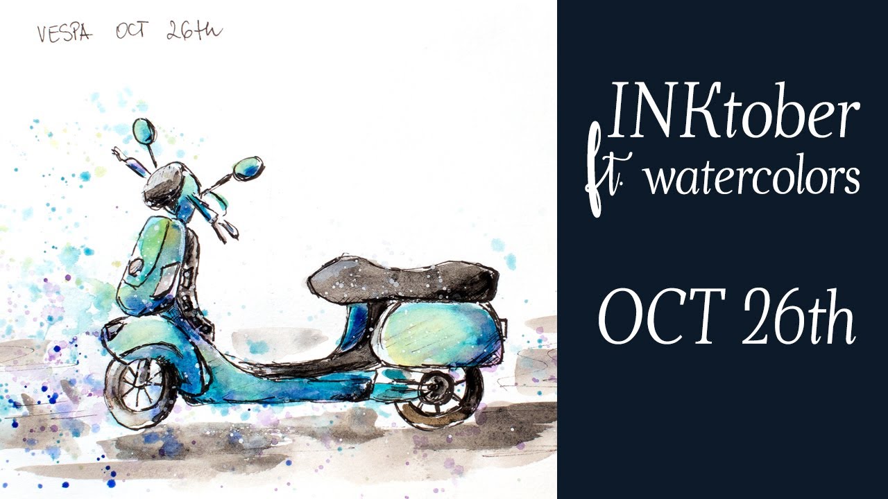 Inktober for beginners - ink ft. watercolors - motorcycle vespa