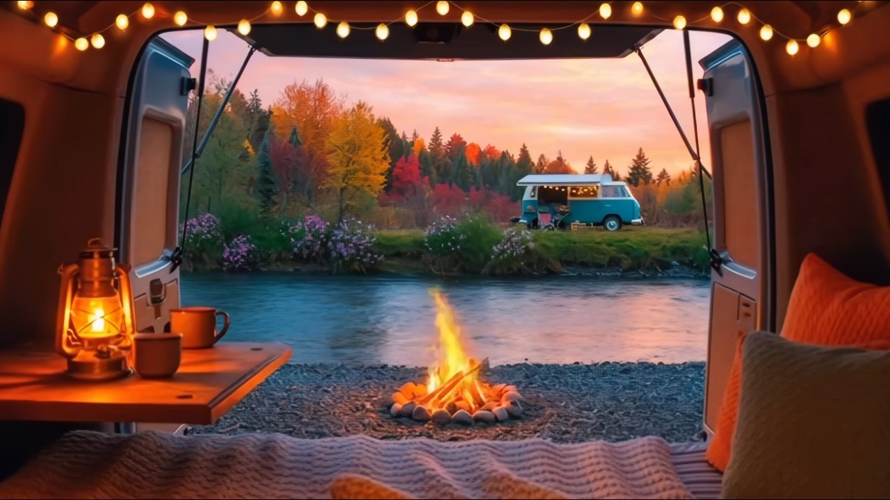 4k River Camper Van with Fire Crackling, Water and Bird Sounds for Relaxation.