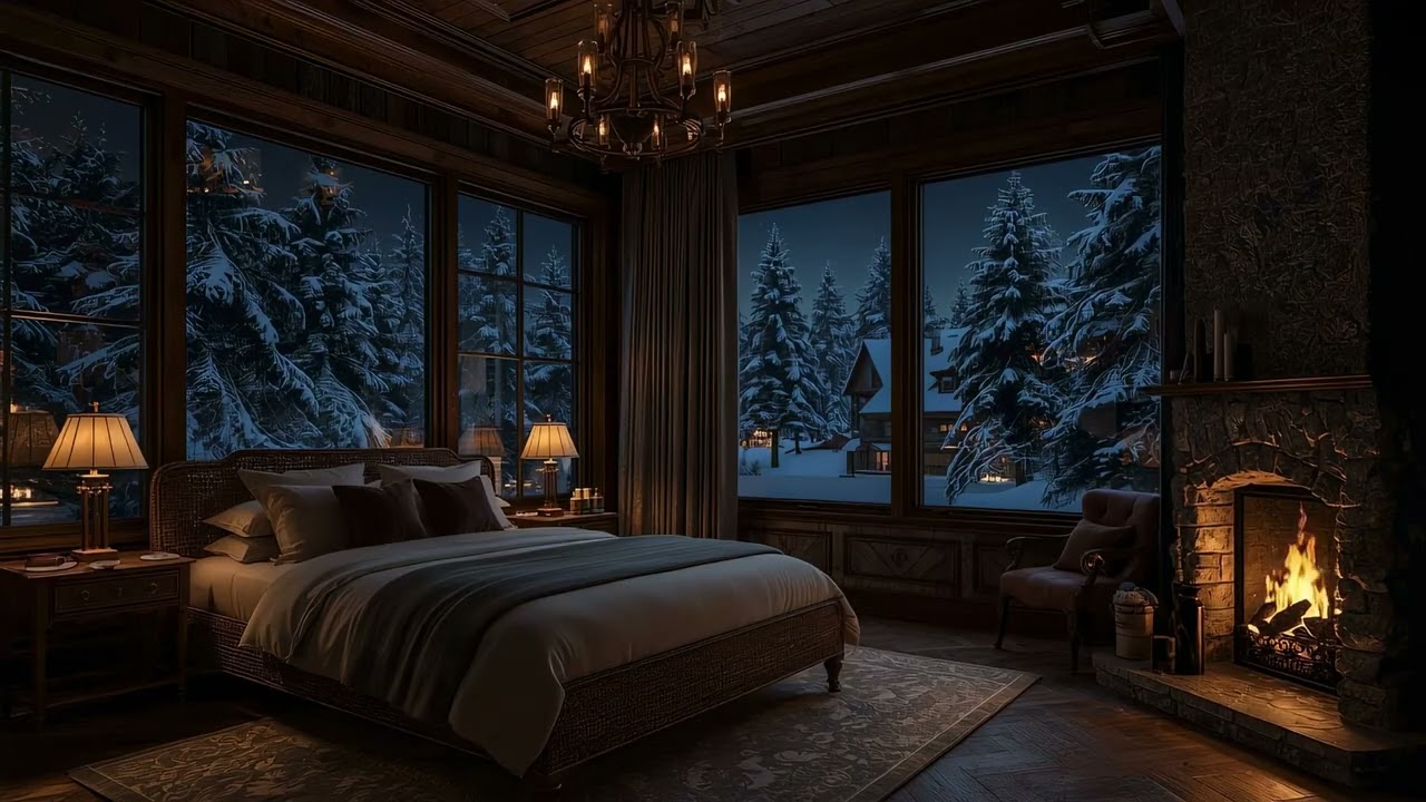 Cozy Bedroom Fireplace Night | Warm Winter Ambience for Sleep | Snowy View (2 Hours)