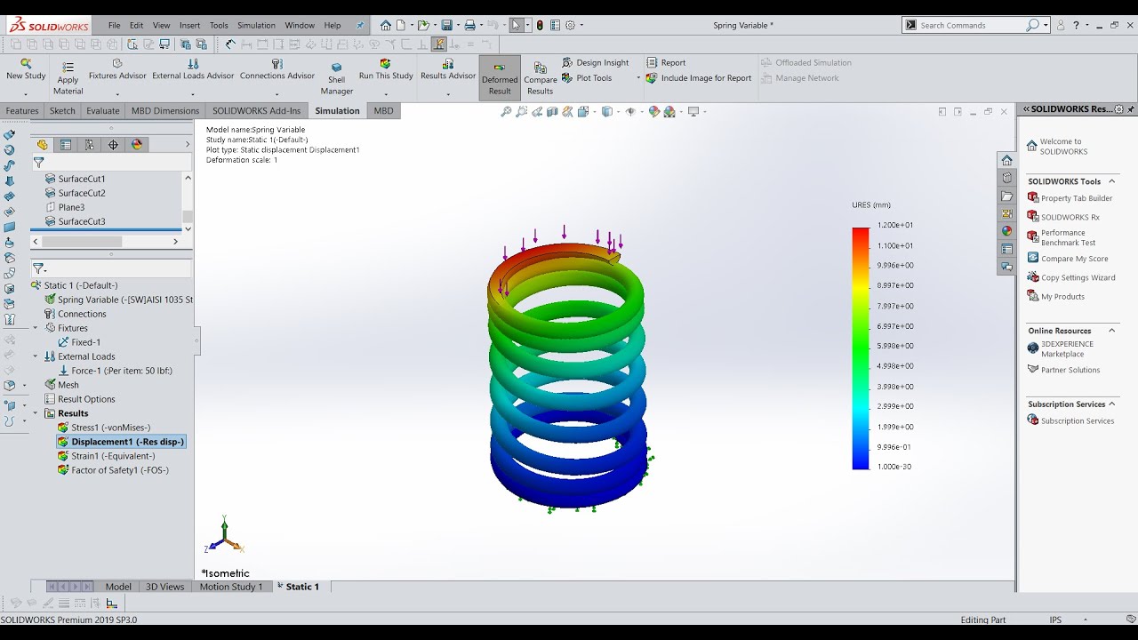 Simulation of compression spring in SolidWorks