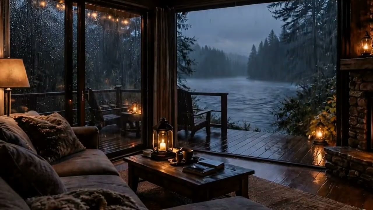 Deep Night Rain by the Lake Cabin | Cozy Sofa Ambience for Sleep & Relax
