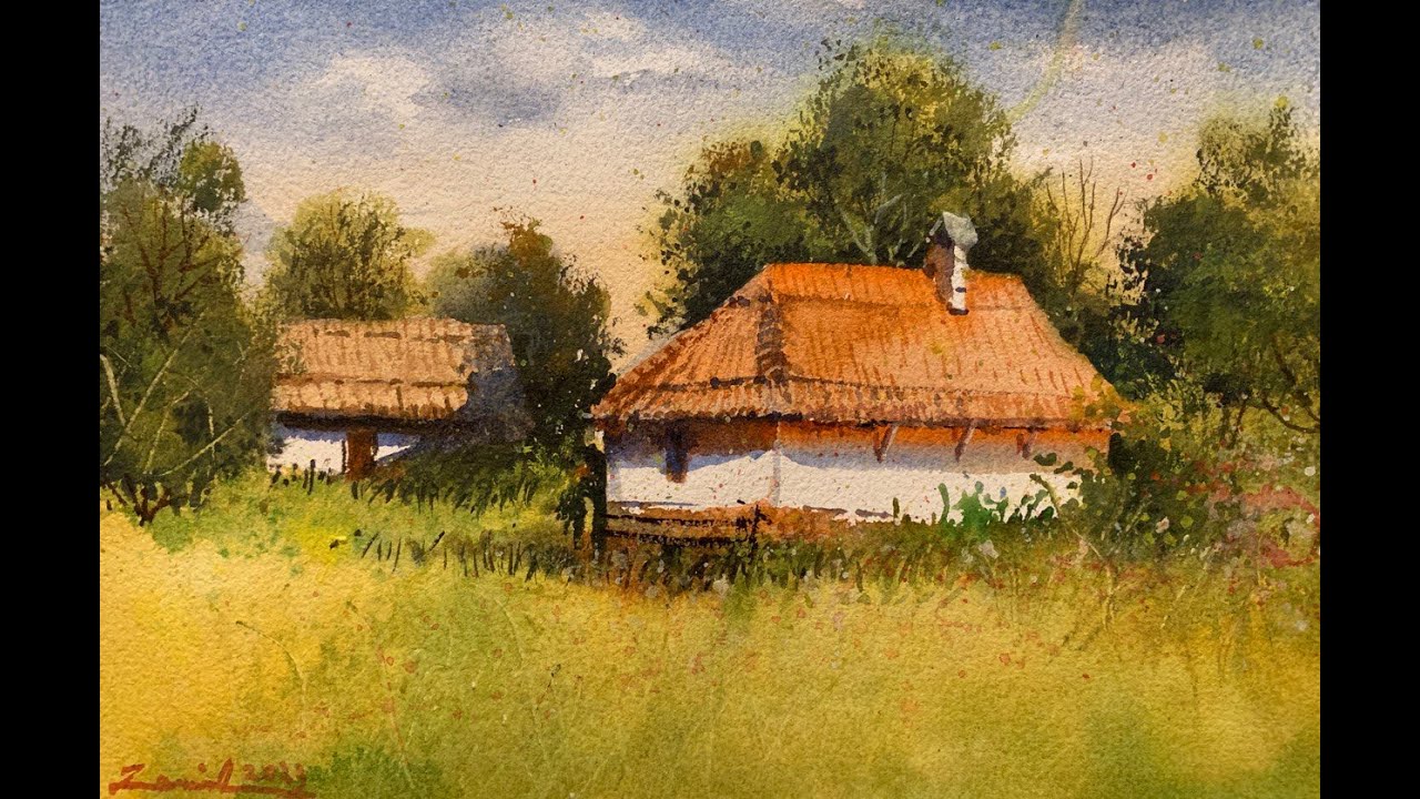 Watercolor painting tutorial - Village Scene