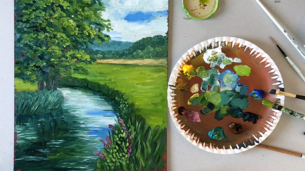 Eine Bachlandschaft mit Ölfarben 