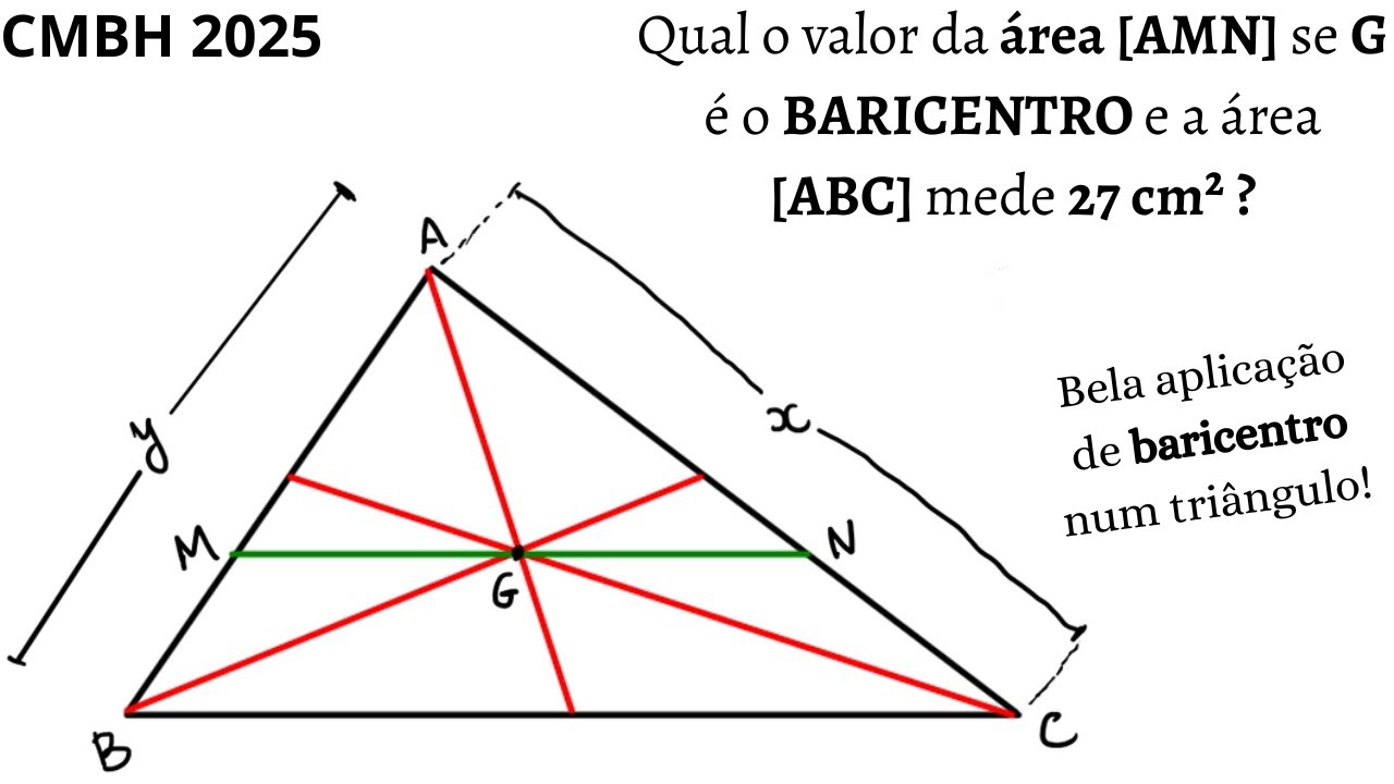 (Questão 18 CMBH 2025) Incrível aplicação de cálculo de áreas envolvendo o baricentro do triângulo
