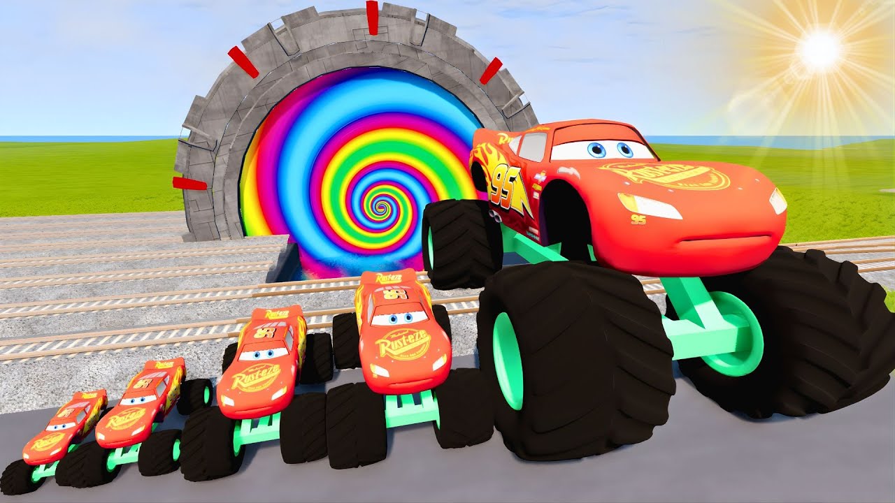 Big & Small Colors Blue Red Purple Green Yelllow Lightning Mcqueens vs Trains | BeamNG.Drive