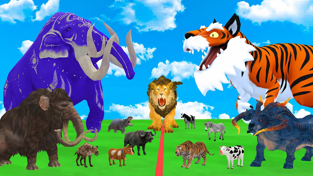 Длинная горка с коровой, слоном, гориллой, бегемотом, тигром, 3D-игра с животными, забавные 3D-жи...