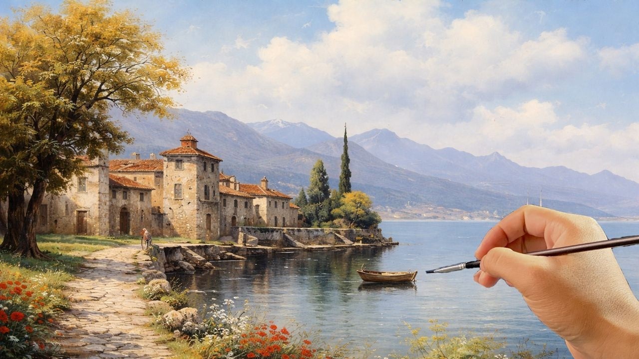 🎨 How to Paint a Beautiful Riverside Village Landscape | Calm & Relaxing Acrylic Art | #073