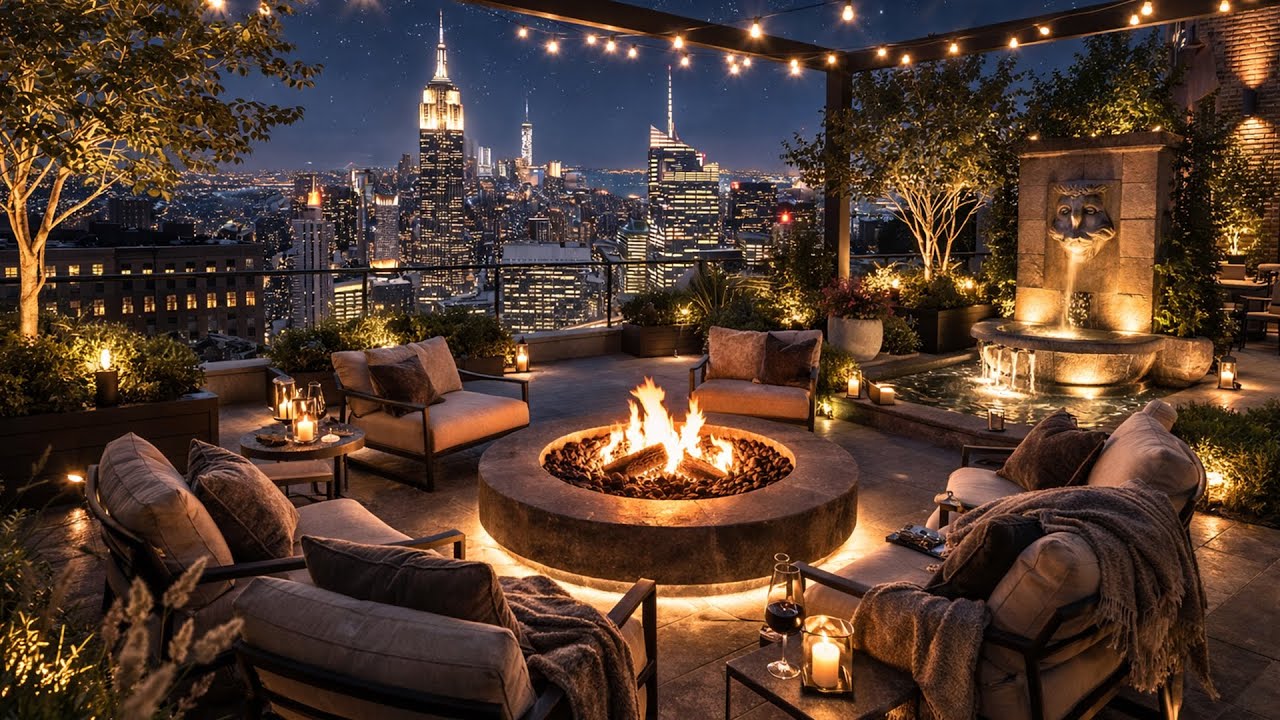 🔴 LIVE Rooftop Firepit Jazz in New York ✨ Cozy Night Terrace Ambience for Study, Focus & Relax