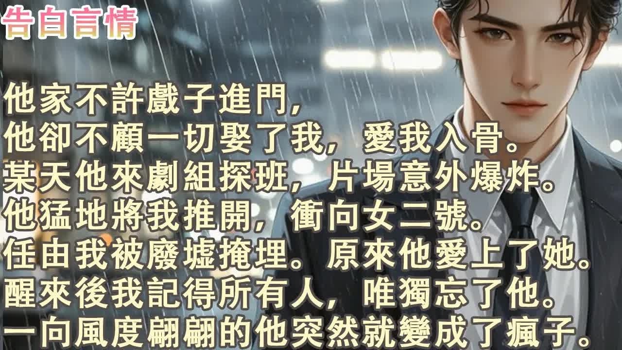 不顾家族反对娶了我却在片场爆炸时推开我去救女二号任我被废墟掩埋，醒来后我唯独忘了他他却突然疯了 #小說 #愛情 #故事