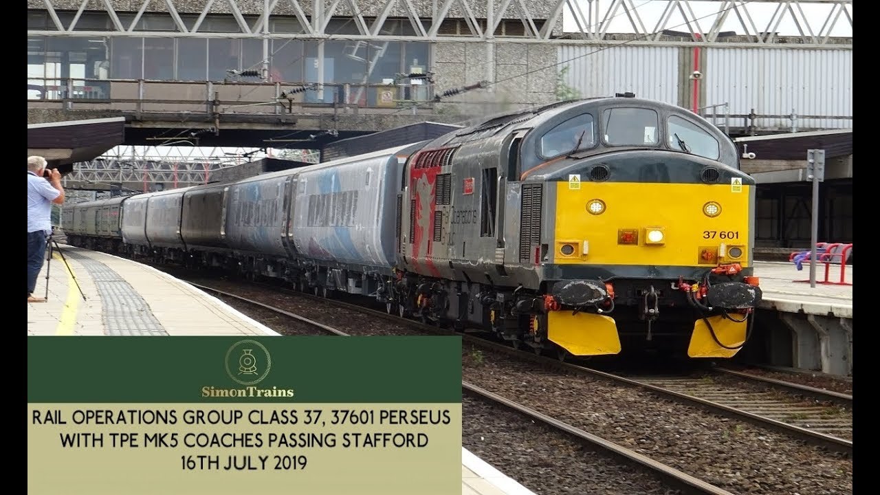 ROG Class 37, 37601 with MK5 coaches, 5Q32 passing Stafford (16th July 2019)