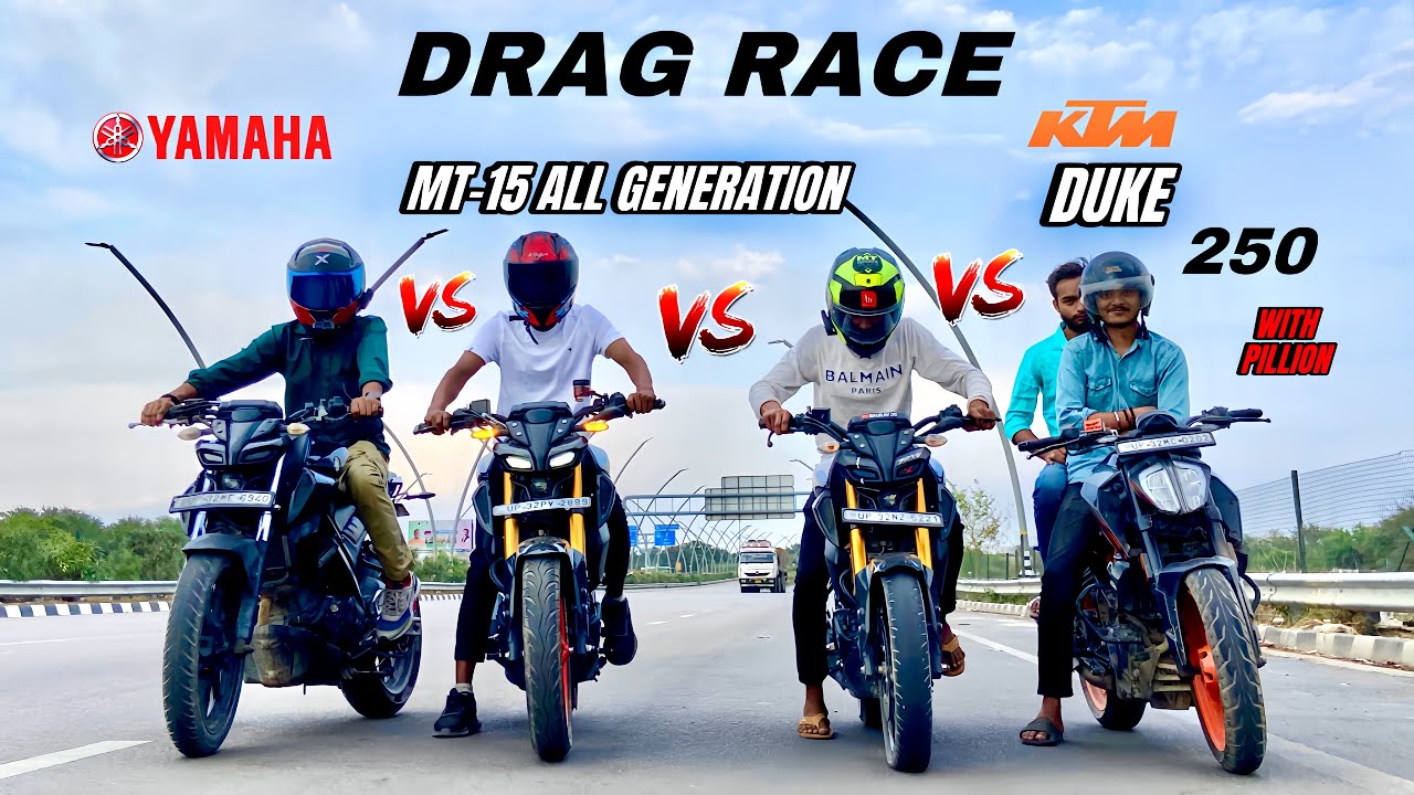 Yamaha mt-15 v1 vs Yamaha mt-15 v2 vs Yamaha mt-15 v3 vs duke 250 with pillion | drag race 😱