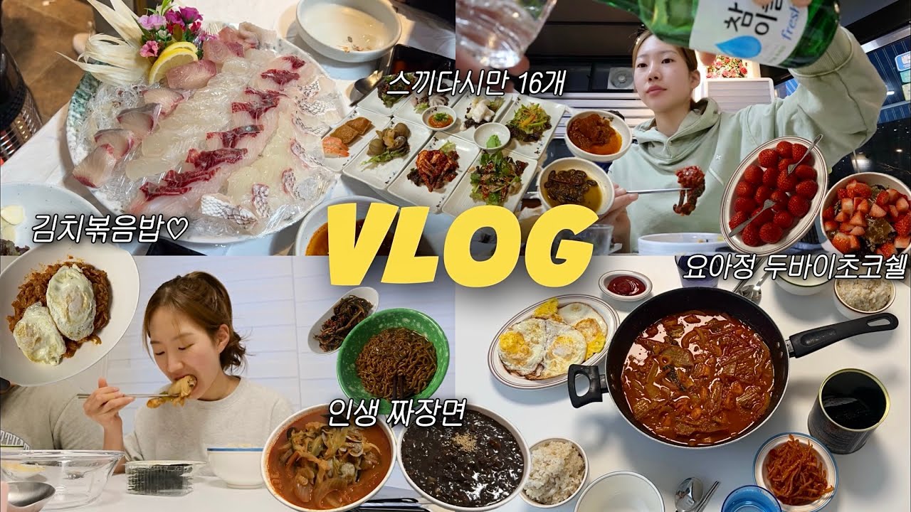 먹방VLOGㅣ새해부터 다이어트할 거라던 나는 어디에..🤥 (요아정ㅣ두바이초코쉘ㅣ구리 맛집ㅣ엽기닭볶음탕ㅣ꽁치김치찌개ㅣ짬뽕 짜장면ㅣ모둠회ㅣ김치볶음밥)