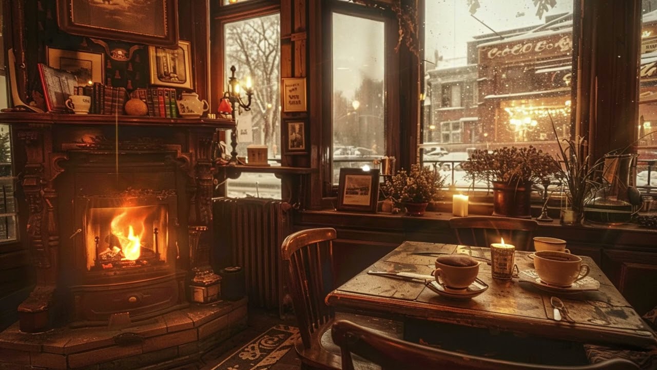 1950s Vintage Jazz | Cozy Candlelit Cafe on a Snowy Evening with Fireplace Sounds