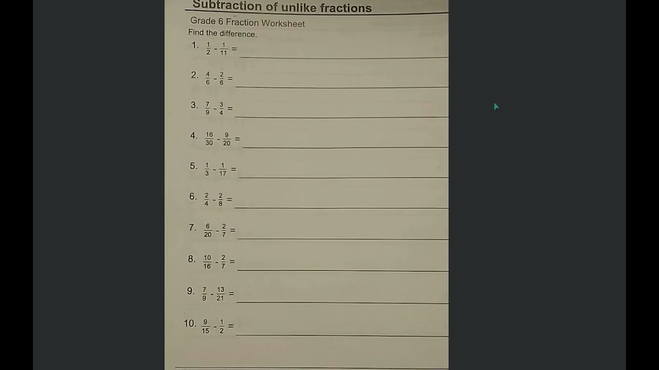Subtraction of unlike fractions Grade 6 Fraction Worksheet Find the diff... | Grade 6 | Life Science