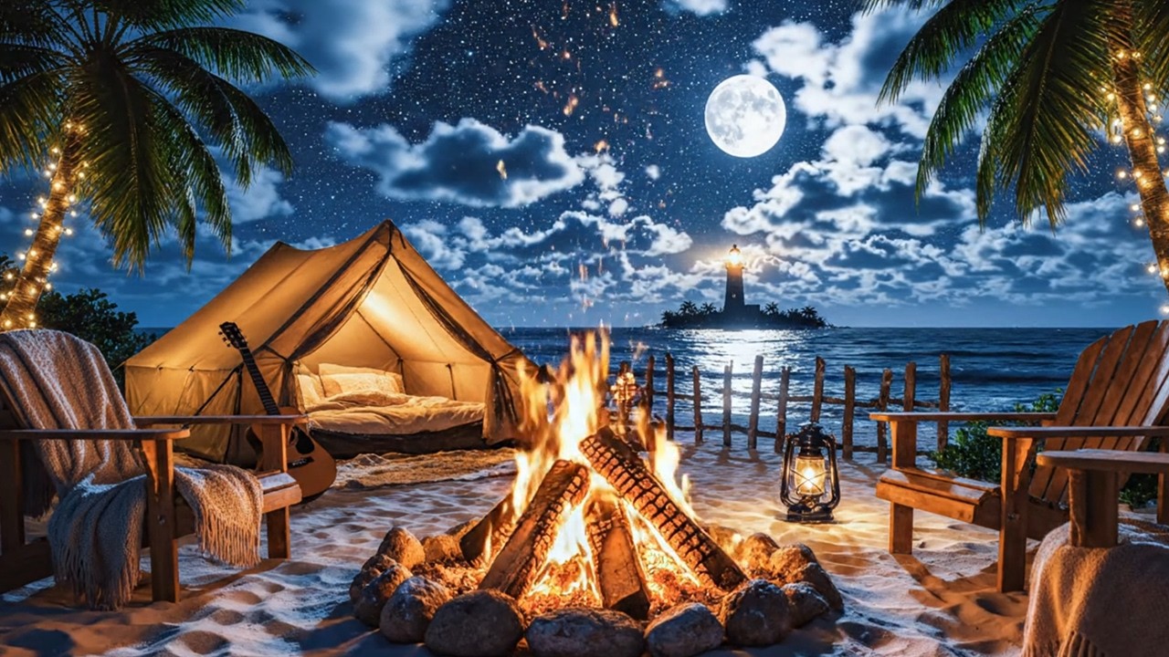 Midnight Full Moon by the Ocean & Cozy Beach Fire |  Deep Relaxation Sounds