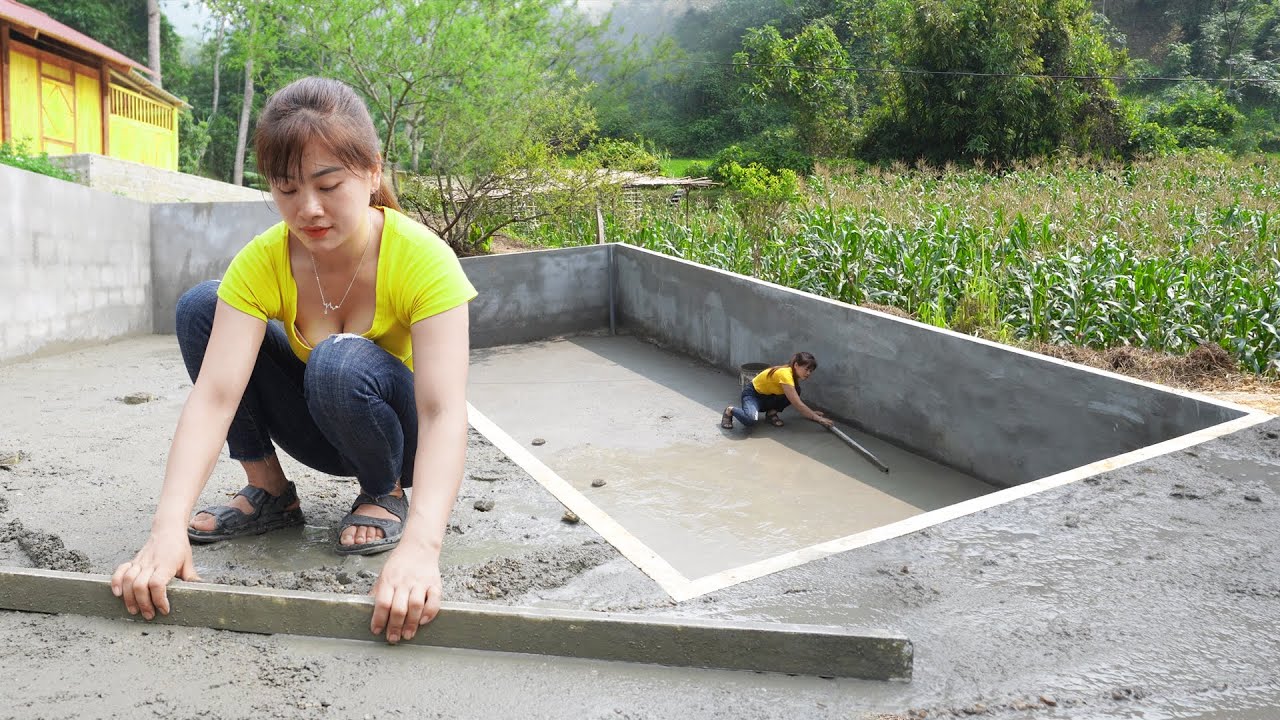 Building Complete Fish Pond, Pouring Concrete Pond Bottom, BUILD LOG CABIN - My Bushcraft / Nhất