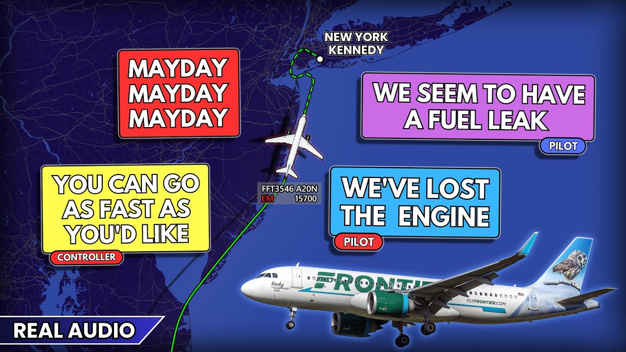 Engine FAILURE and possible FUEL LEAK. Frontier A20N performs emergency landing at JFK. Real ATC