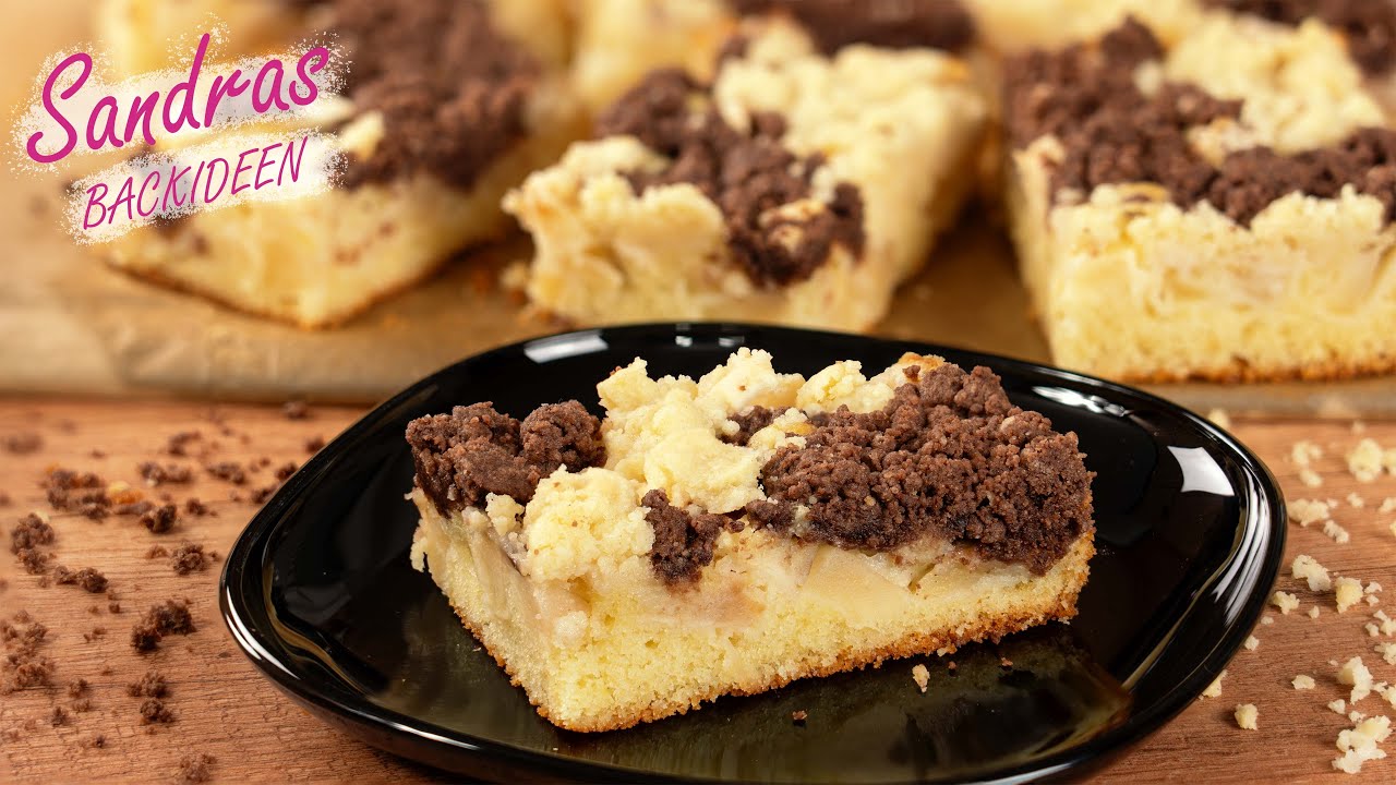 Apfelkuchen mit Schoko-  und Vanillestreusel – unglaublich saftig & einfach gebacken
