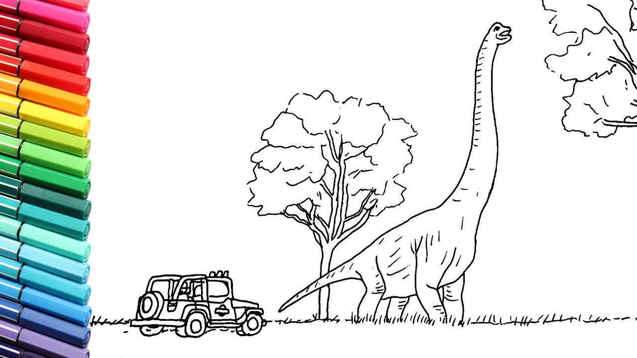 How to Draw Brachiosaurus and jurassic park Jeep - Drawing and Coloring Scene from Jurassic Park