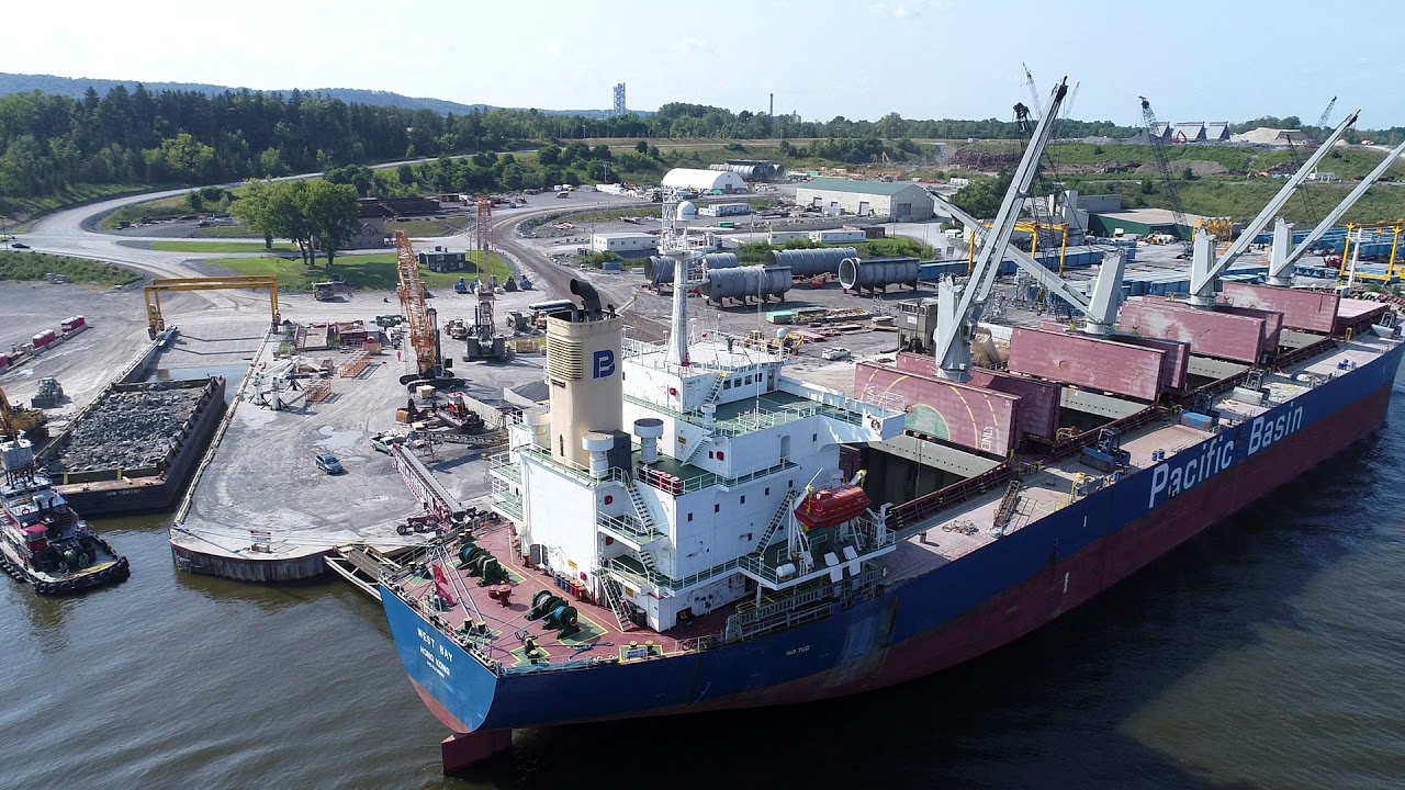 Port of Coeymans NY Hudson River Cargo Ship Loading Scrap Metal, Cranes, DJI Phantom 4