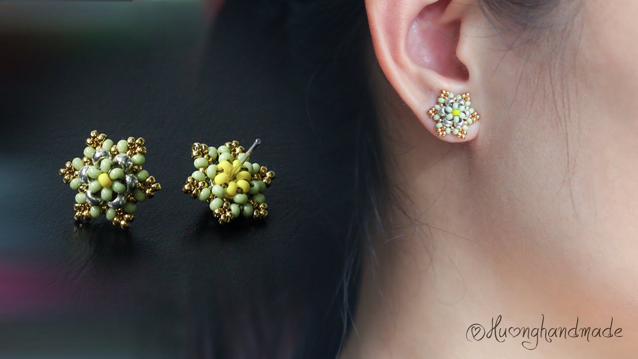 Mini six petal flower stud earrings. How to make beaded earring