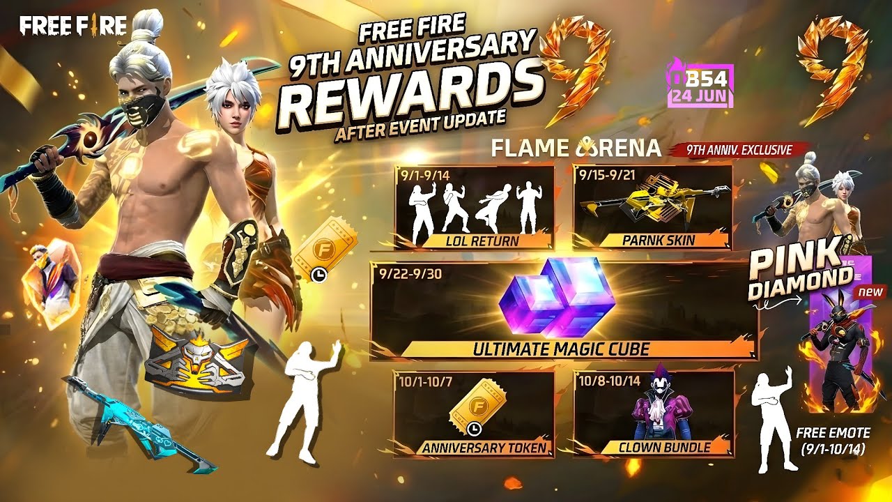Ob54 Update 💥 9th Anniversary Free Fire 🤯🥳| lol emote | free fire new event | new event free fire 