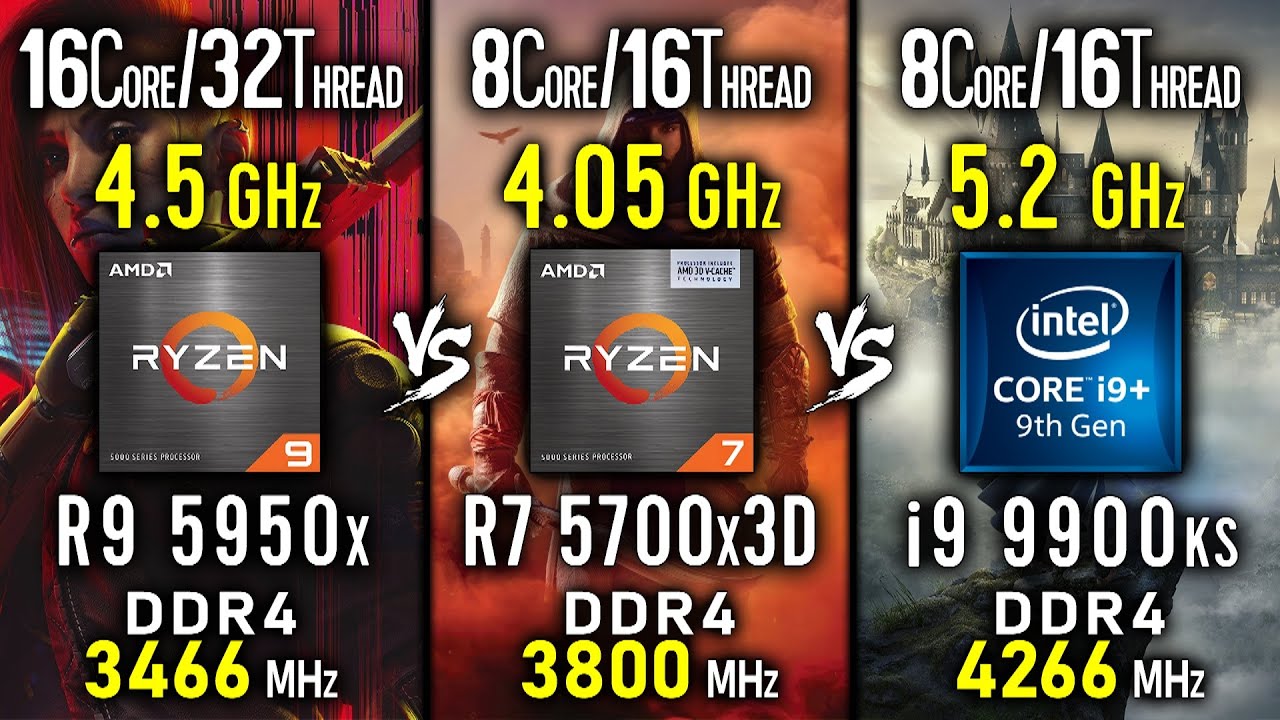 Ryzen 9 5950x vs Ryzen 7 5700x3D vs i9 9900ks max OC - test in 3 Games
