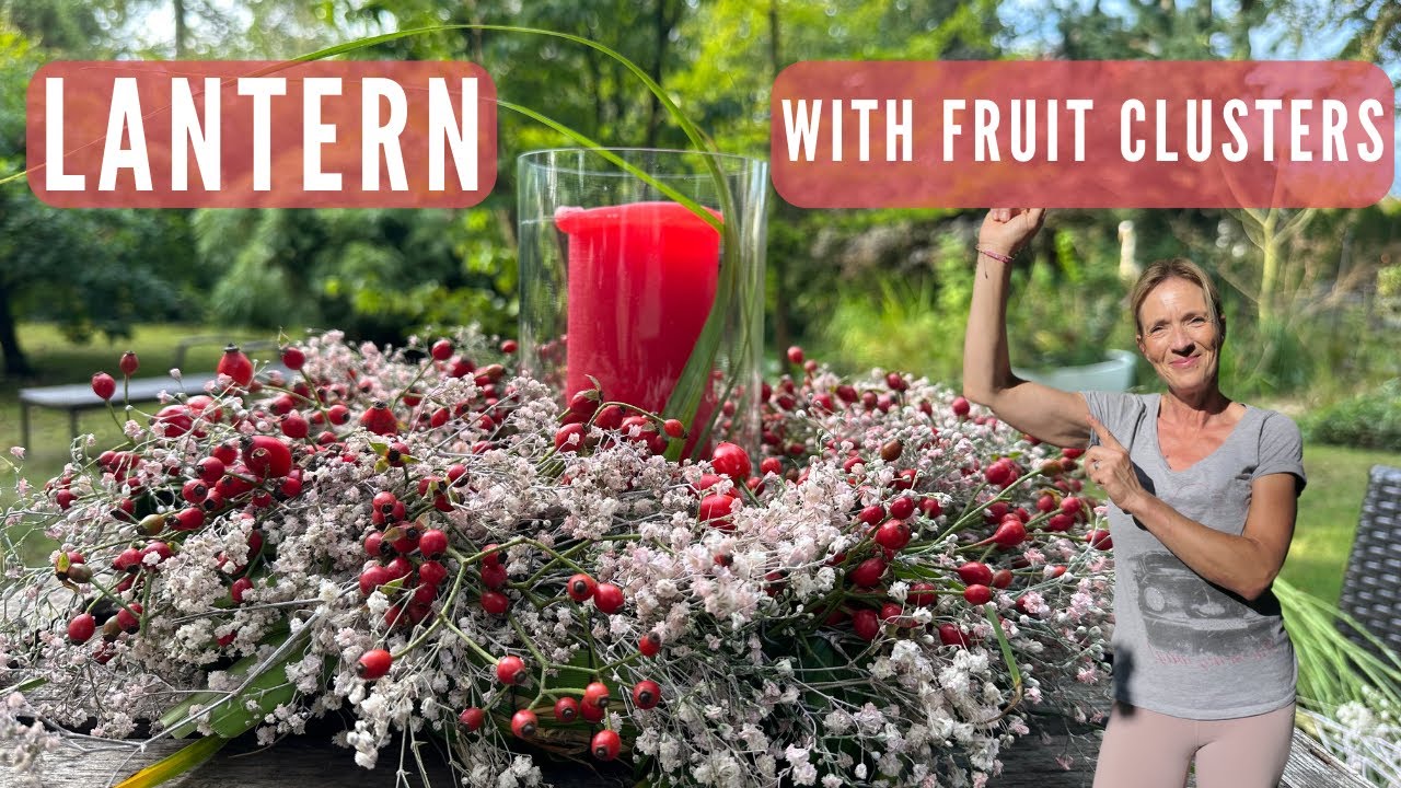 Pink DIY lantern with fruit stands ❤️ fresh autumn decoration with grasses & rose hips ❤️