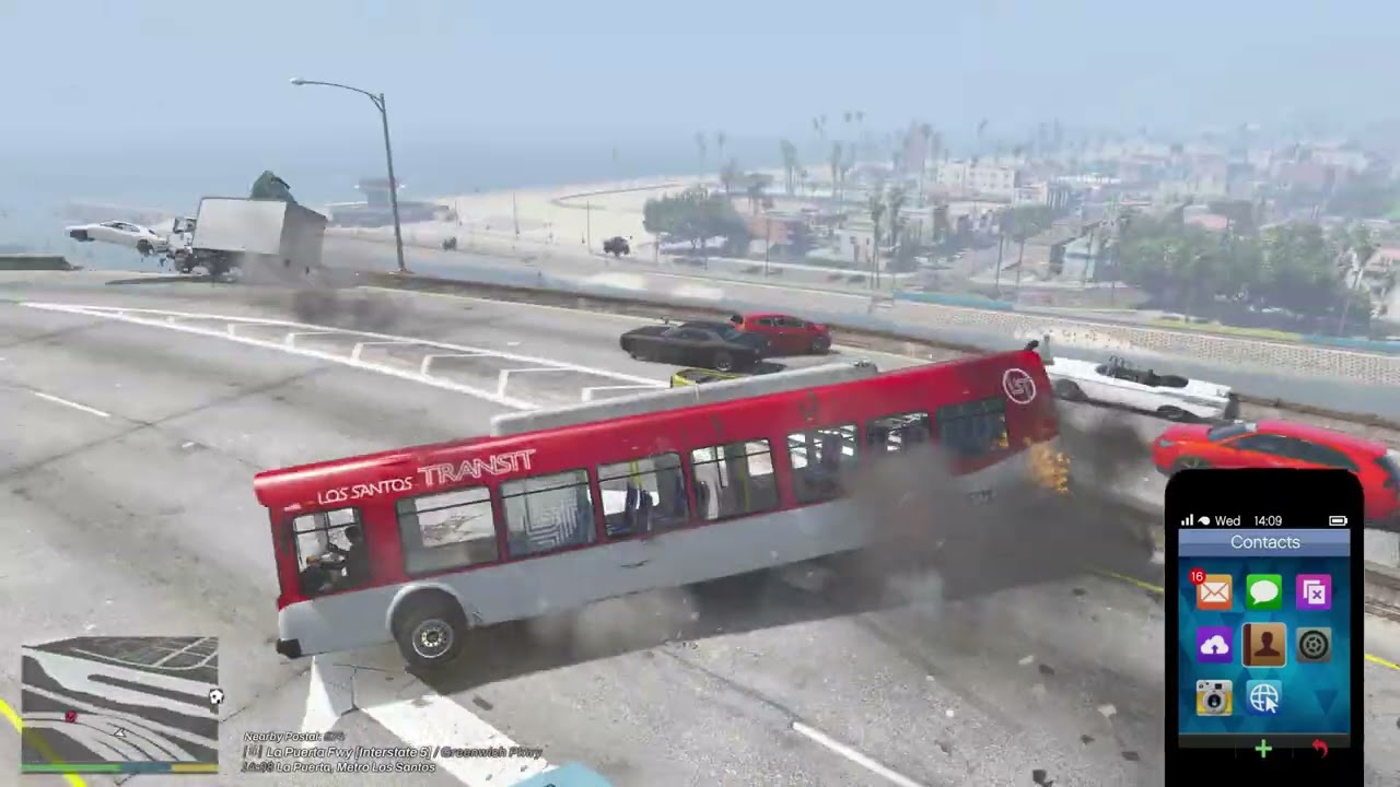 Grand Theft Auto V Making NPC Car Falling Off A Highway With A Bus