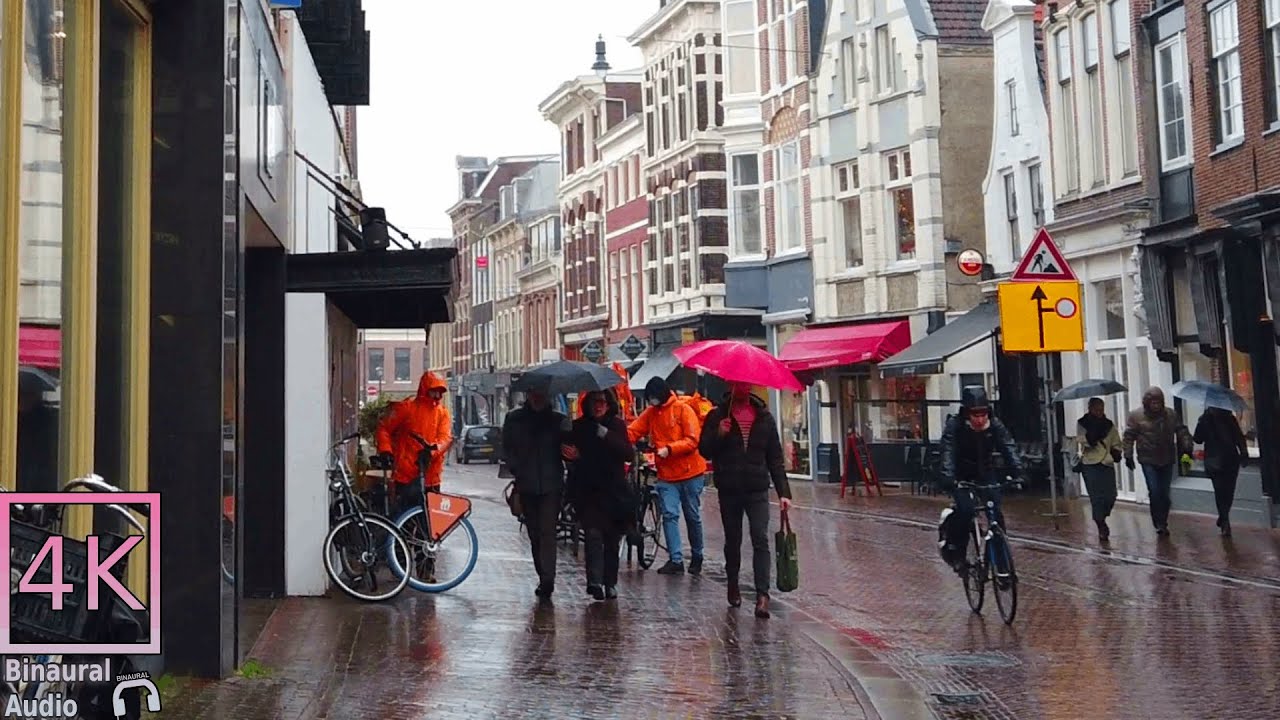 Walking in the Rain in Haarlem, Holland. Binaural City Sounds. 4k Rain Ambience