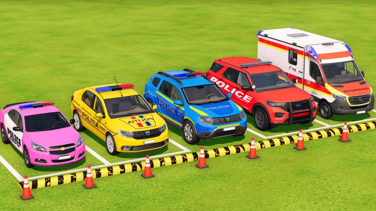 TRANSPORTING CARS, AMBULANCE, FIRE TRUCK, POLICE CARS OF COLORS! WITH BIG TRUCKS! -fs22 #2