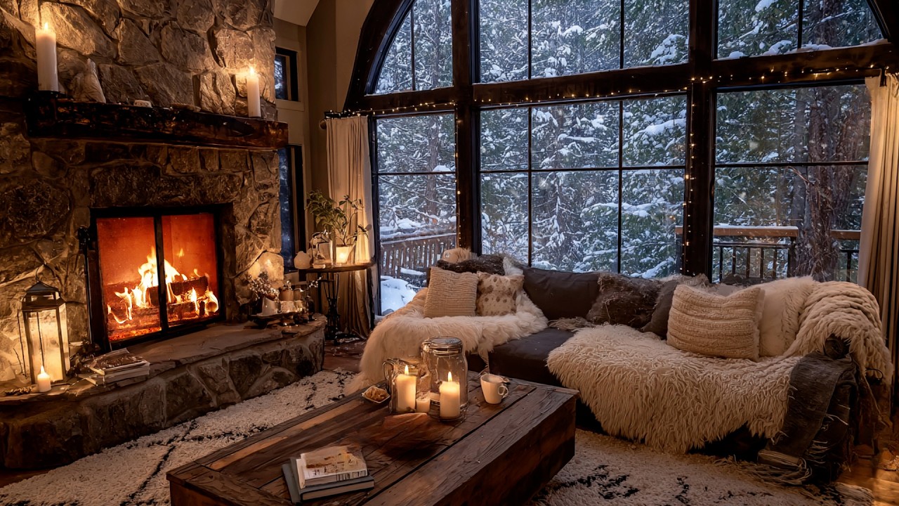 Relaxing Winter Cabin Ambience with Gentle Snow and Crackling Fireplace for Deep Sleep