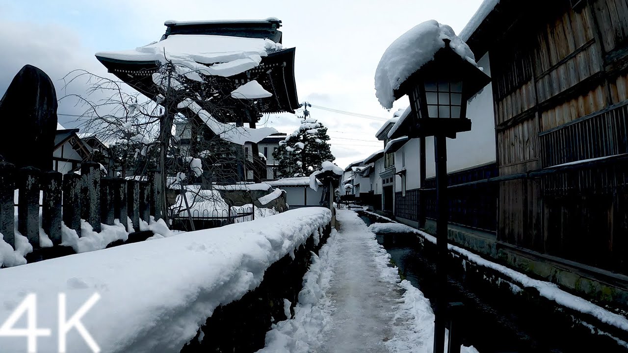 【4K】A walk in Hida Furukawa with snow - Japan