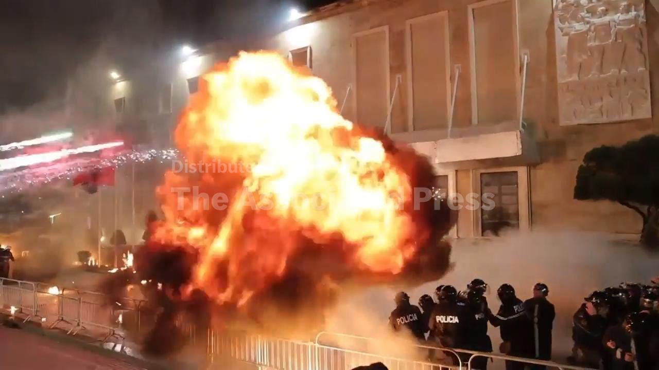 Petrol bombs hurled at Albania parliament as clashes break out during opposition demo