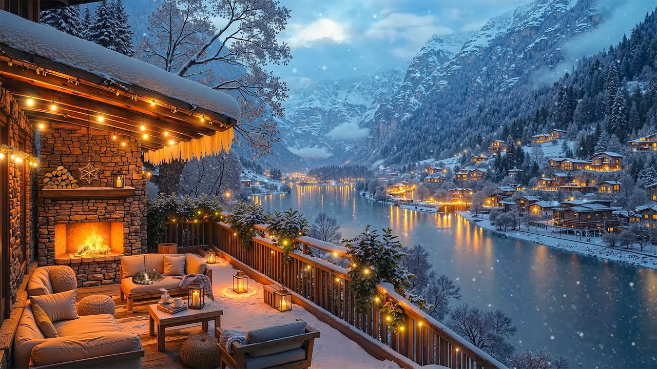 Smooth Jazz for a Winter Night | Cozy Terrace with Warm Fireplace, Snowfall, and Serene Winter Vibes