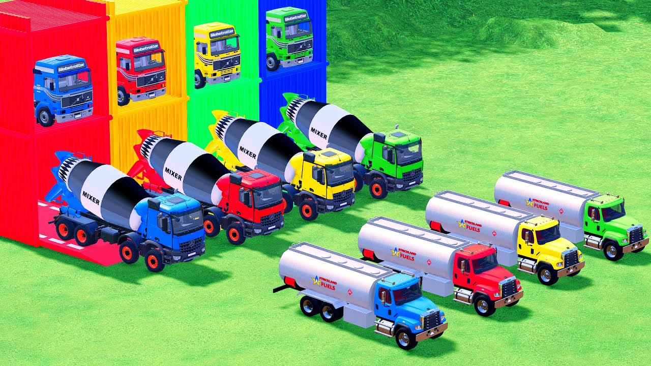 Garage with Colors - ALL MIXER TRUCK WITH DOUBLE FLATBED TRAILER TRUCK, MERCEDES, SCANIA, CAT, MAN