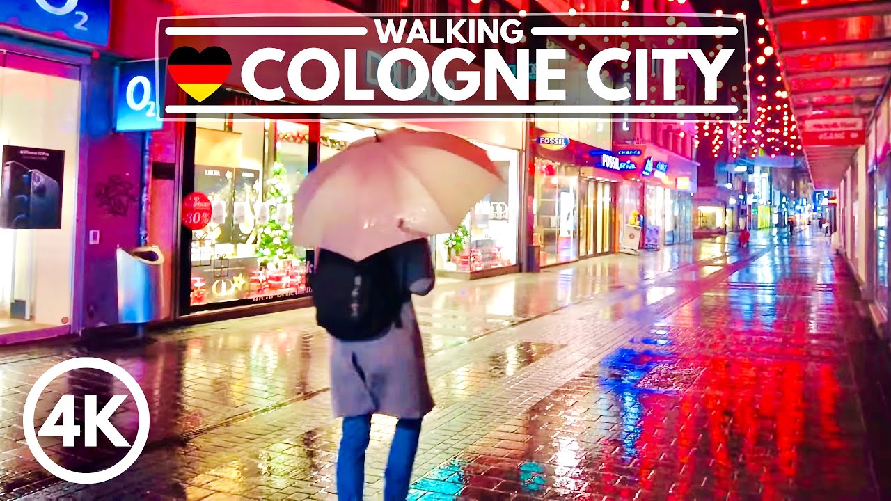 4K Walking in Heavy Rain at Night Cologne Germany Christmas 2020 (Umbrella Binaural 3D Rain Sounds)