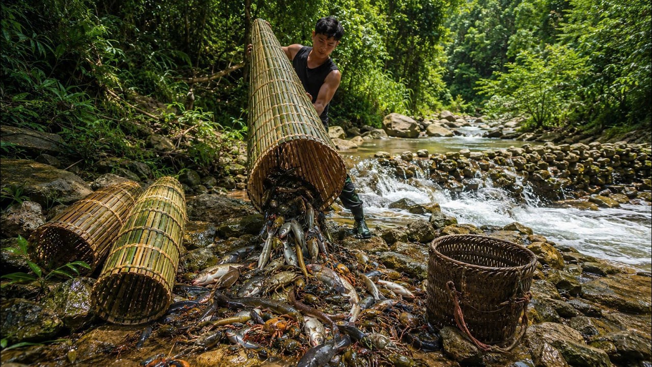 Catching stream fish for cooking, taking care of newborn piglets.
