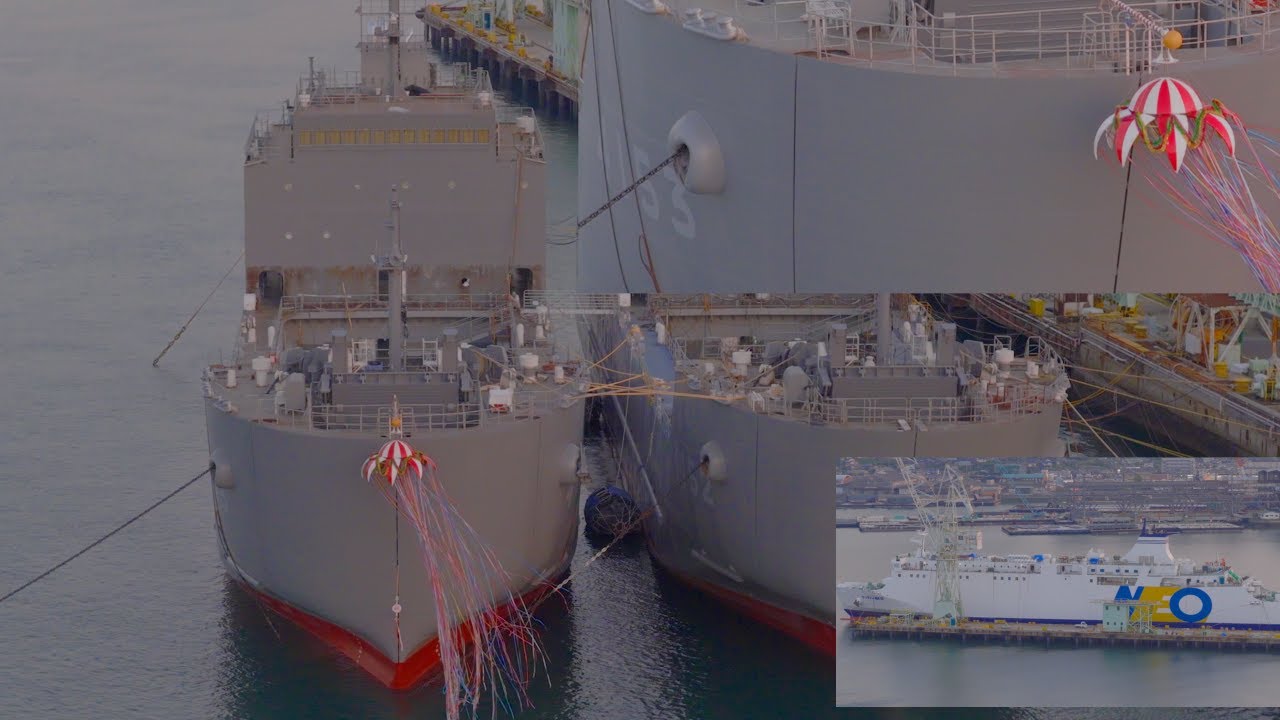 内海造船、進水式を終えた2隻の輸送艦4152、4153　 two transport ships, 4152 4153, have completed their launching ceremony