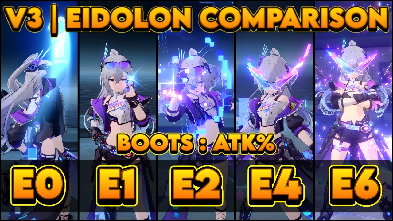 V3 | Boots : ATK% | Buffed Sw Lv 999 Eidolon Comparison | E0 vs E1 vs E2 vs E4 vs E6 vs E6S5