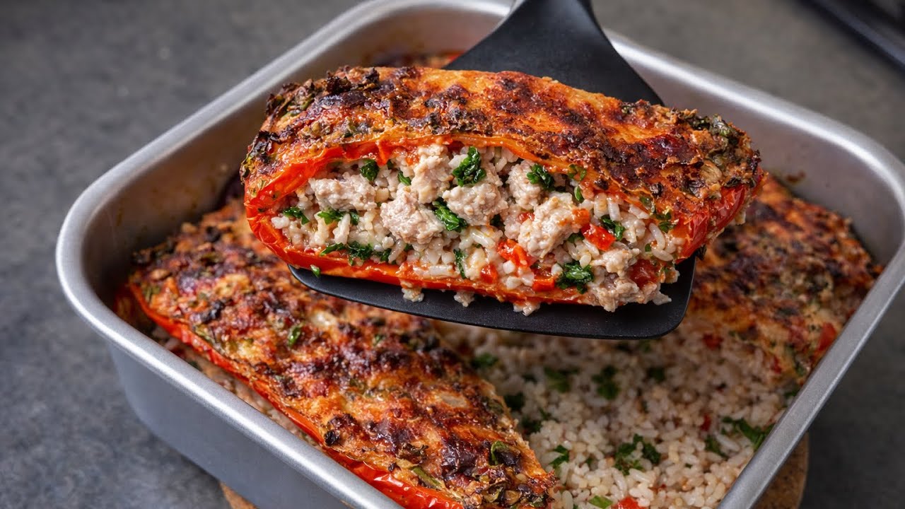 Healthy Stuffed Peppers with Ground Turkey and Rice | Easy Air Fryer Recipe