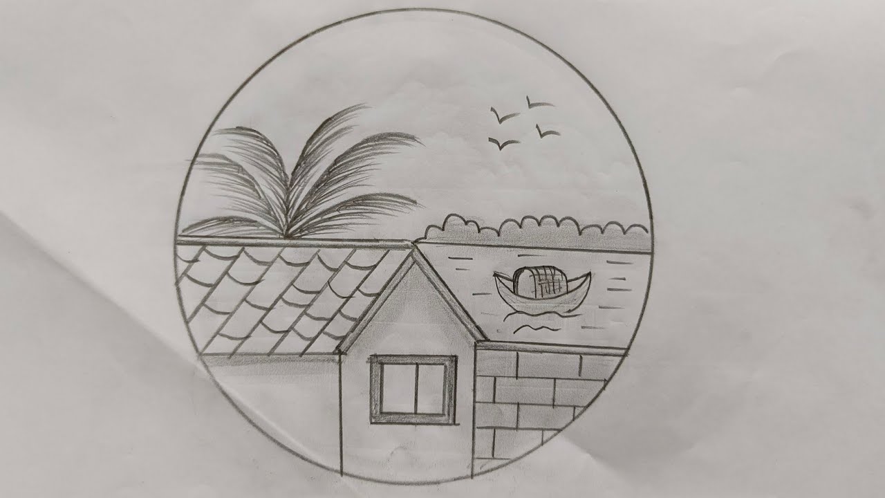 Simple Village Scenery Drawing in a Circle #draw #art