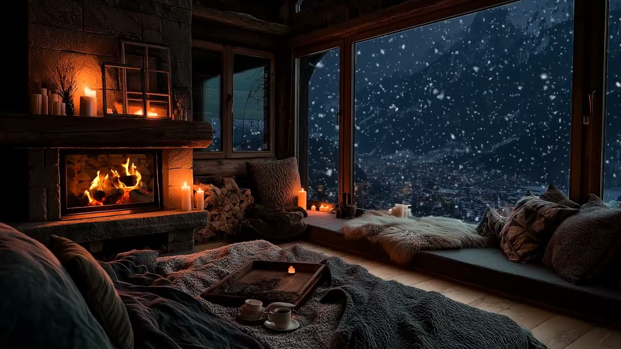 (No Ads) Winter Wind Outside the Cabin, Fireplace Inside | Cozy Sleep Ambience