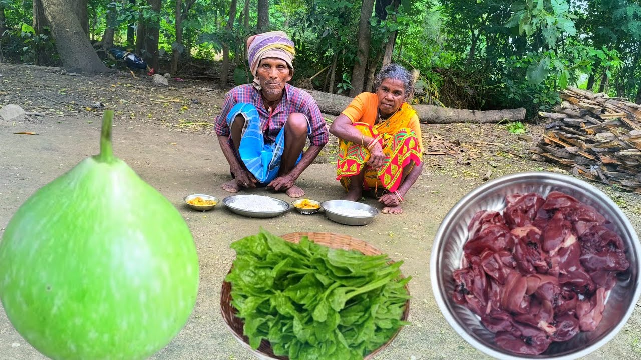 80years old grandma cooking LIVER CURRY with BOTTLE GOURD and eating | poor couple cooking lifestyle