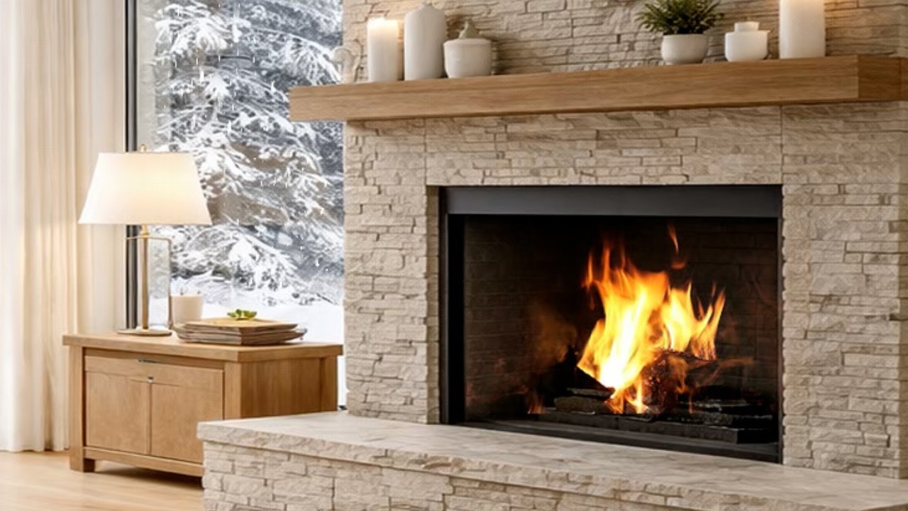 Snowy Forest Beyond Glass | Gentle Winter Night Ambience fireplace ASMR