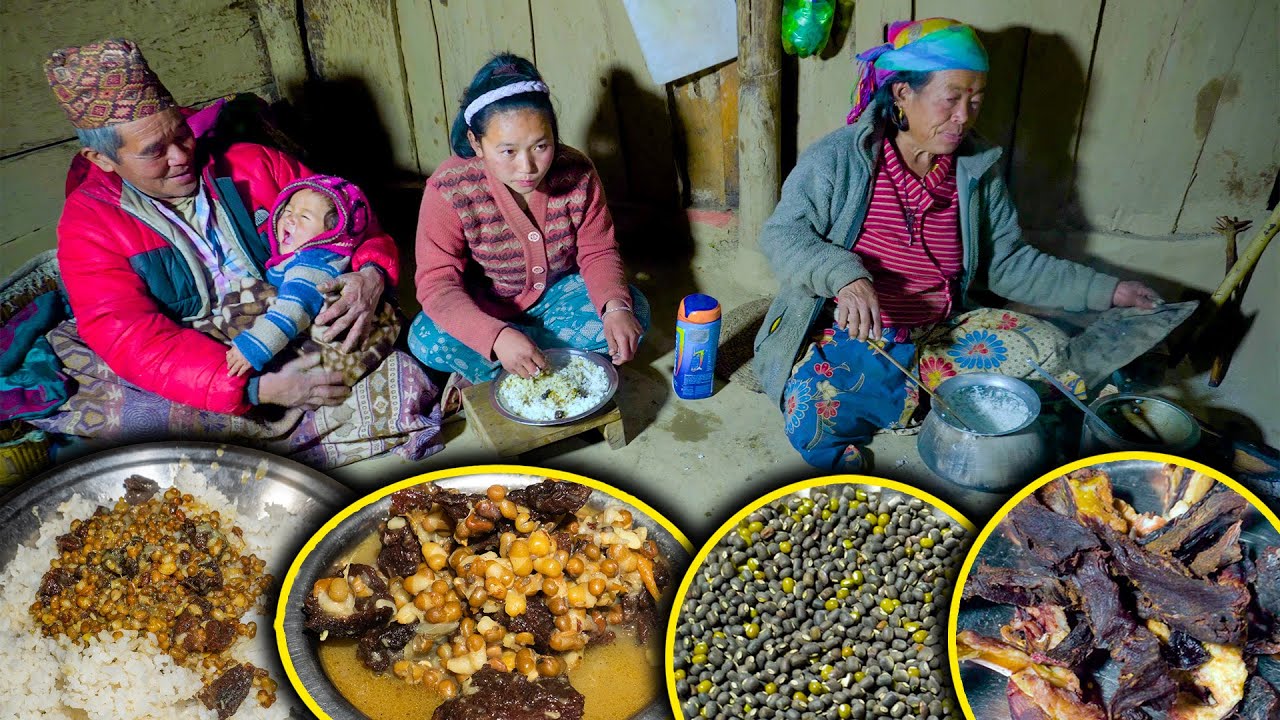 Buff Dry Meat and Small Beans Lentils mix Curry Recipe | nepali food cooking in Village | Rural life