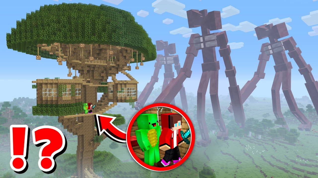 JJ and Mikey BIGGEST Tree House vs Siren Head Army BUILD CHALLENGE in Minecraft / Maizen