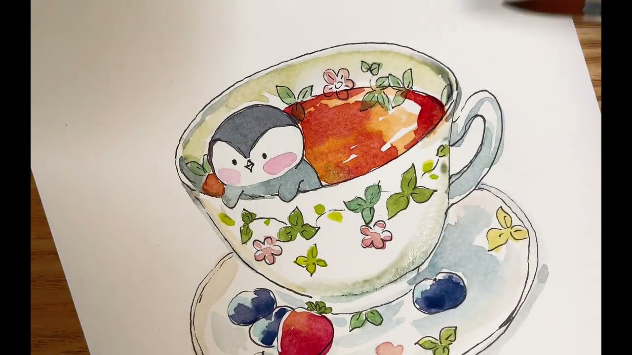 @somdory  동화책 한장처럼 그리는 그림, 펭귄홍차그리기 #수채화#펜드로잉#art#drawing #watercolor#일러스트#illustration#홍차#수채화배우기 